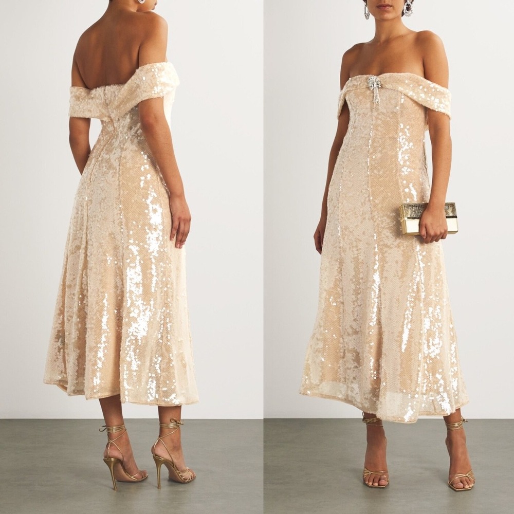 NWT Self-Portrait Gold‎ Embellished Off-The-Shoulder Midi Dress $670 - Size 12